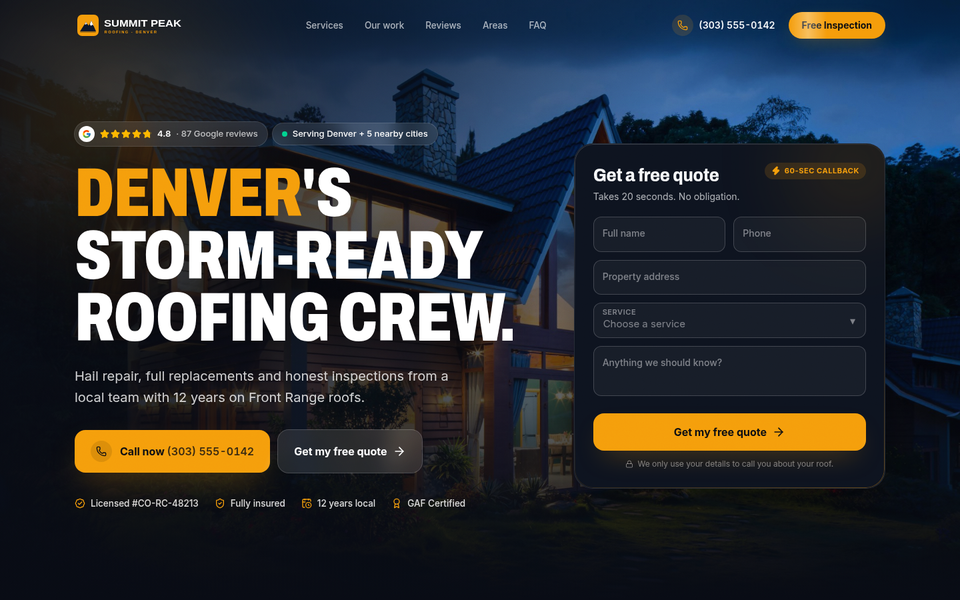 Home page of the Summit Peak Roofing concept site